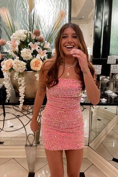 Stunning Pink Sequin Bodycon Mini Party Dress with Lace Up Back – Dressesforparty Sequin Homecoming Dress, Prom Dresses Long Pink, Mini Party Dress, Mini Homecoming Dresses, Dress Tight, Spaghetti Strap Prom Dress, Sequin Prom Dress, Mini Party, Prom Dresses Long With Sleeves