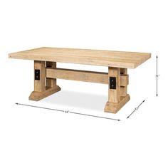 a wooden table with measurements for the top and bottom legs, including one leg on each end