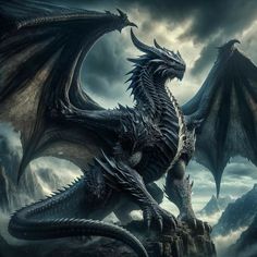 a large black dragon sitting on top of a rock next to a mountain covered in clouds