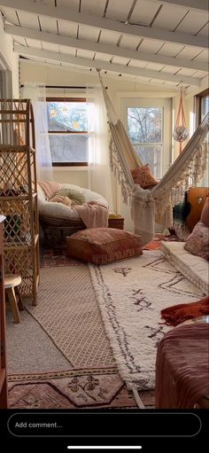 a living room with hammock chairs and rugs