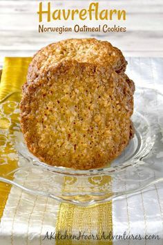 a muffin on a glass plate with the words haveflam norwegian oatmeal cookies