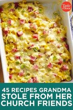 a casserole dish with text overlay that reads, 5 recipes grandma stole from her church friends