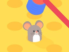 a mouse is looking at a ball of thread on the ground with an arrow pointing to it