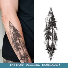 an image of a man's arm with trees on it and the words instant digital tattoo