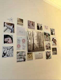 a white wall covered in pictures and magnets with writing on it's side