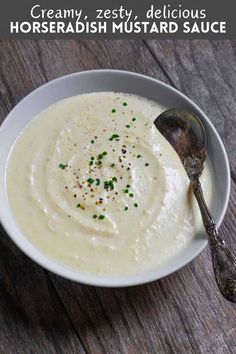 creamy, zesty, delicious horseradh mustard sauce in a white bowl with a spoon