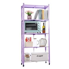 a purple shelf with a microwave and other items on it