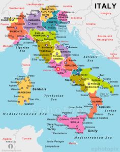 a map of italy with all the major cities and their respective names in bright colors