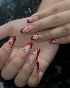 Christmas In Hawaii Nails, Red Nail Prom, Red Nail Summer, Hawaiian Christmas Nails, Red Hibiscus Flower Nails, Red Tropical Nails, Hawaii Christmas Nails, Red Nails Inspo Almond, Simple Hibiscus Nails