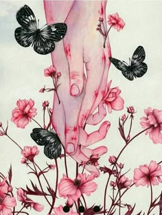 a painting of two hands touching each other with pink flowers and butterflies in the background