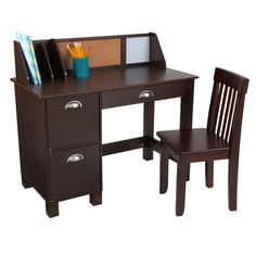 a wooden desk with two chairs and a mirror on it's top, against a white background