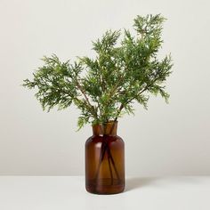 a brown vase filled with green plants on top of a table