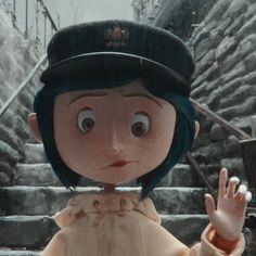 an animated doll is standing in front of some stairs and holding her hand up to the camera