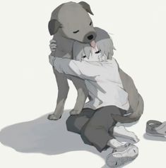 a drawing of a dog hugging its owner on the ground with shoes around his ankles