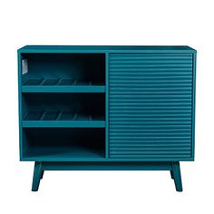 a blue cabinet with shelves and drawers