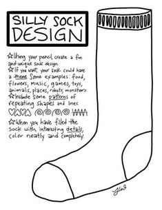 a black and white drawing of a sock with the words silly sock design on it