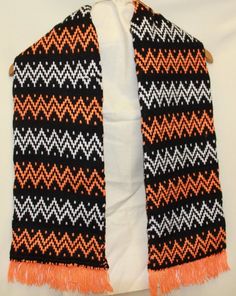 Hand Knit Wide Orange & Black Geometric Design Scarf Design Scarf, Crochet Scarf, Geometric Design, Orange Black, Orange, Crochet, Black