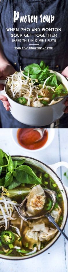 two pictures showing different types of soups with noodles and vegetables in them, one is being