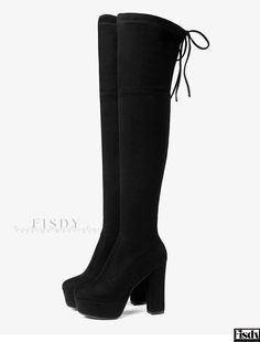 Fisdy - Botas de plataforma premium sobre la rodilla para mujer: Tejido elástico, con cordones, punta redonda, tacón grueso Black Long Boots, Thigh Length Boots, Boots With Platform, Professional Work Shoes, Fancy Heels, Thigh High Suede Boots, Platform Design, Black Chunky Heels, Boots Platform