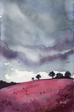 a watercolor painting of a field with trees in the distance