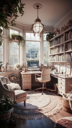 a home office with lots of bookshelves and plants in the window sill