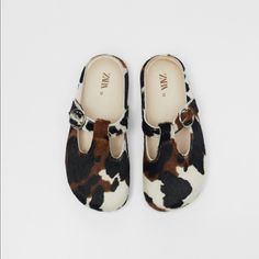 Nib 100% Cowhide Leather Clogs 7.3 Inches Y2k Shoes Clogs & Mules, White Slip-on Mules With Buckle Closure, Zara Casual Closed Toe Mules, Silver Mules With Removable Insole And Round Toe, Zara Brown Round Toe Mules, Brown Clogs, Animal Print Pattern, Toddler Girl Shoes, Zara New