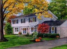 a painting of a house in the fall