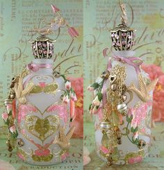 two pictures of a pink and white glass bottle with gold trimmings on it