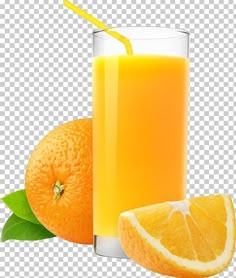 an orange juice in a glass with a straw next to it and another orange slice