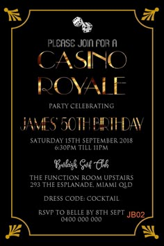 the casino royale birthday party is set up with black and gold foil, including an ornate frame