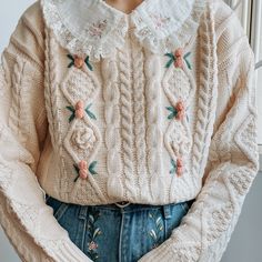 Sweet Rose Cable Knit Sweater (3 Colors) Sweater With Embroidery, Embroidered Sweaters, Pom Flowers, Pom Pom Flowers, 2023 Outfits, Ballet Core, Cottagecore Style, Cottagecore Fashion, Rose Sweater