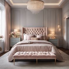 a bedroom with a bed, dressers and chandelier in the middle of it