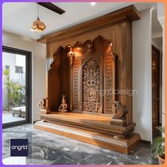 an ornate wooden shrine in the middle of a room