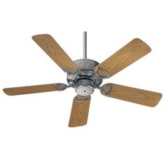 a ceiling fan with three wooden blades on the top and one light on the bottom