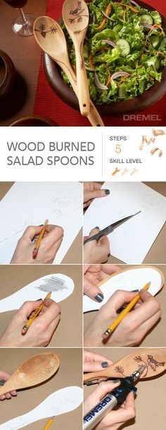 the instructions for how to use wood burned salad spoons are shown in this image