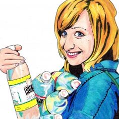 a drawing of a woman holding a bottle of toothpaste in her right hand