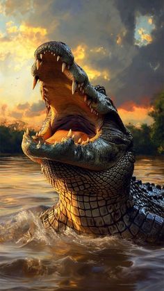 an alligator is in the water with its mouth open