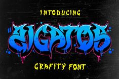 graffiti font with blue and yellow paint on it, in the middle of black background