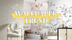 a living room with white furniture and wallpaper on the walls that says wallpaper trend