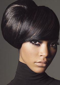 60s mod updos | Beautiful bun with side bangs P.S I Buns !!!! High Bun Hairstyle, Black Prom Hairstyles, Side Bun Hairstyles, Black Hair Updo Hairstyles, Black Wedding Hairstyles, American Hairstyles, High Bun, Bun Hairstyle, Hair Affair