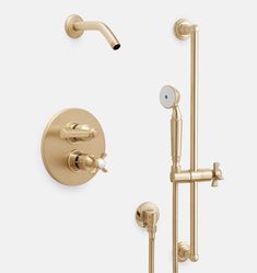 the shower faucet and hand shower head are shown in polished brass, with two handset handles