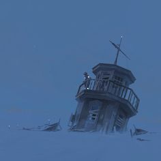 a tall tower with a cross on top of it in the snow