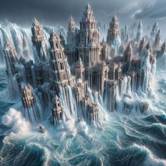 an image of a castle in the ocean with waves crashing around it's base