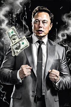 a painting of a man in a suit with money coming out of his jacket pocket