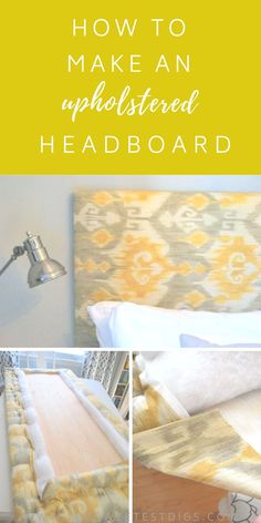 an upholstered headboard with yellow and white designs