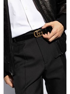 GG Marmont belt by GUCCI in black leather with gold hardware and double G buckle. This item is in size 90 and the color is Black Gucci Gg Marmont, Gg Marmont, Gucci Belt, Mens Belts, Gold Hardware, Calf Leather, Black Leather, Mens Accessories, Buckle