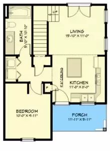 the floor plan for a two bedroom, one bathroom apartment with an attached living area