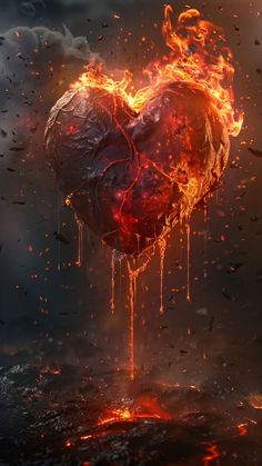 a heart shaped object on fire and water