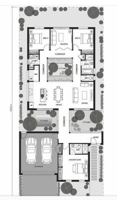 the floor plan for a house with two floors and three car spaces on each side