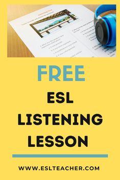 a yellow poster with the words free esl listening lesson and headphones on it